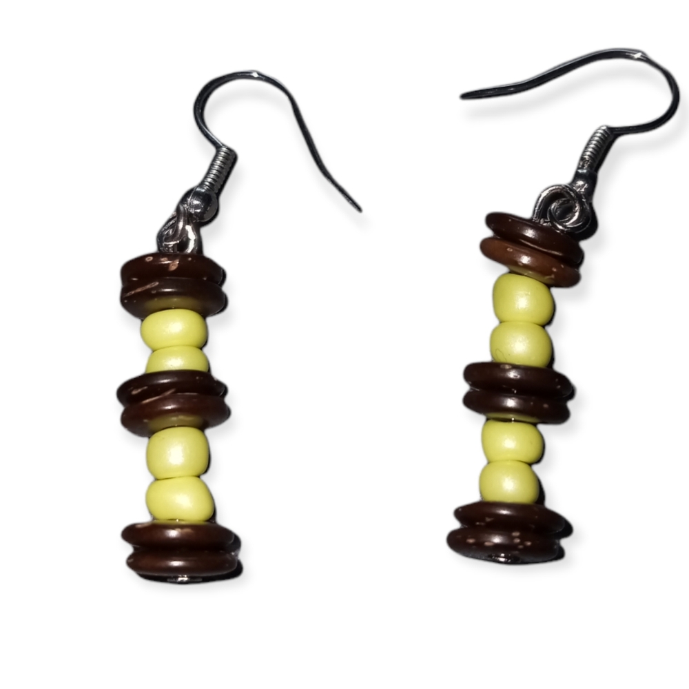 hand crafted boho neon lime and brown wooden statement earrings New